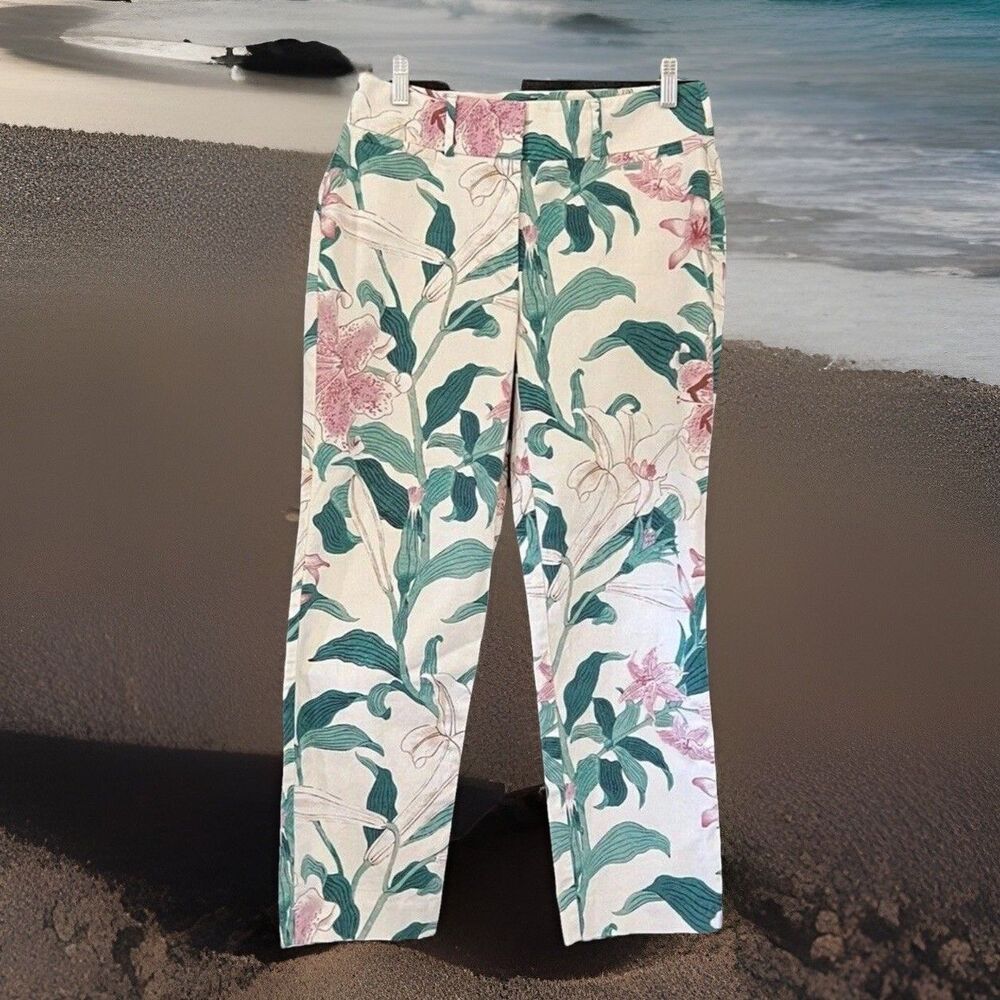 Ann Taylor Factory Cream Pink & Green Floral Chino Twill Pants Size 2 Curvy